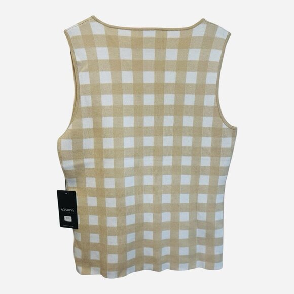 Rondina Gingham Sleeveless Knit Tank Top Medium Tan Cream Silk Blend MSRP $225 - Picture 3 of 7